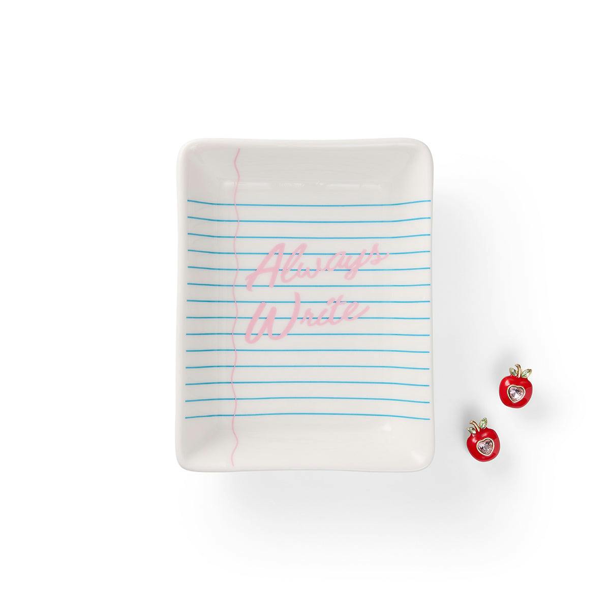 Packed Party Always Write Teacher Trinket Tray and Apple Earring Set – Ceramic Notebook Paper Tray with Red Enamel Apple Stud Earrings, 4.33x5.5 Inch
