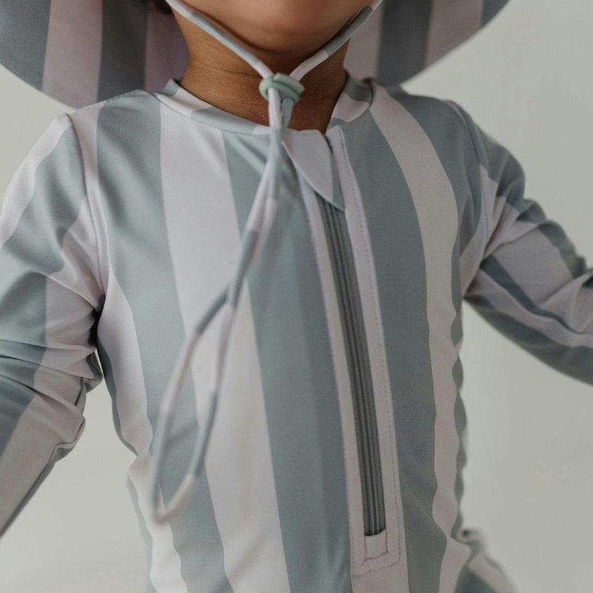 Baby Boy One-Piece Rash Guard Swimsuit in Aqua Grey Stripe