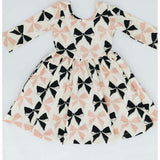 3/4 Sleeve Twirl Dress in Vintage Pink and Black Bows