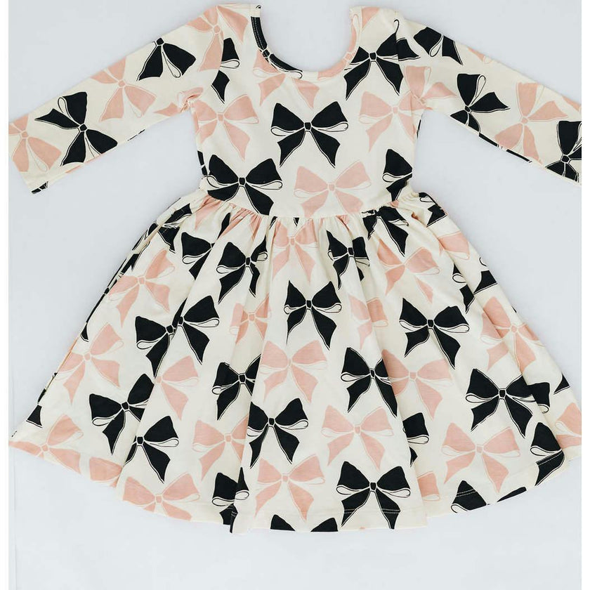 3/4 Sleeve Twirl Dress in Vintage Pink and Black Bows