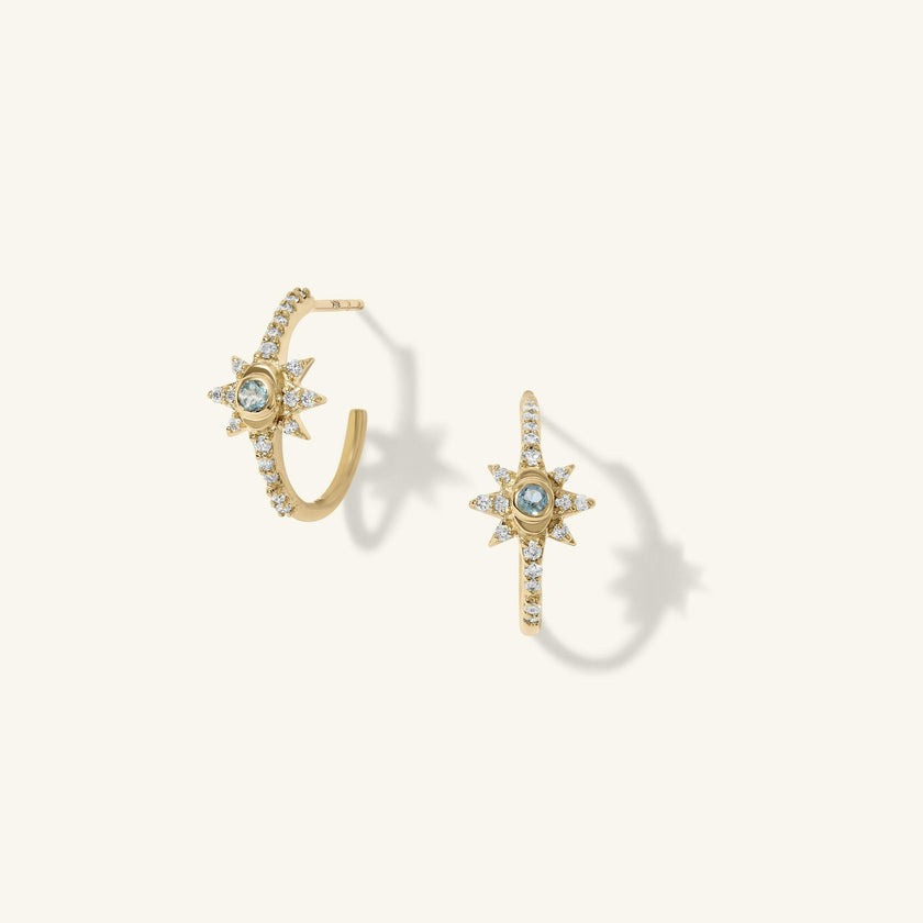 Mini Aquamarine Starburst Hoop Earrings