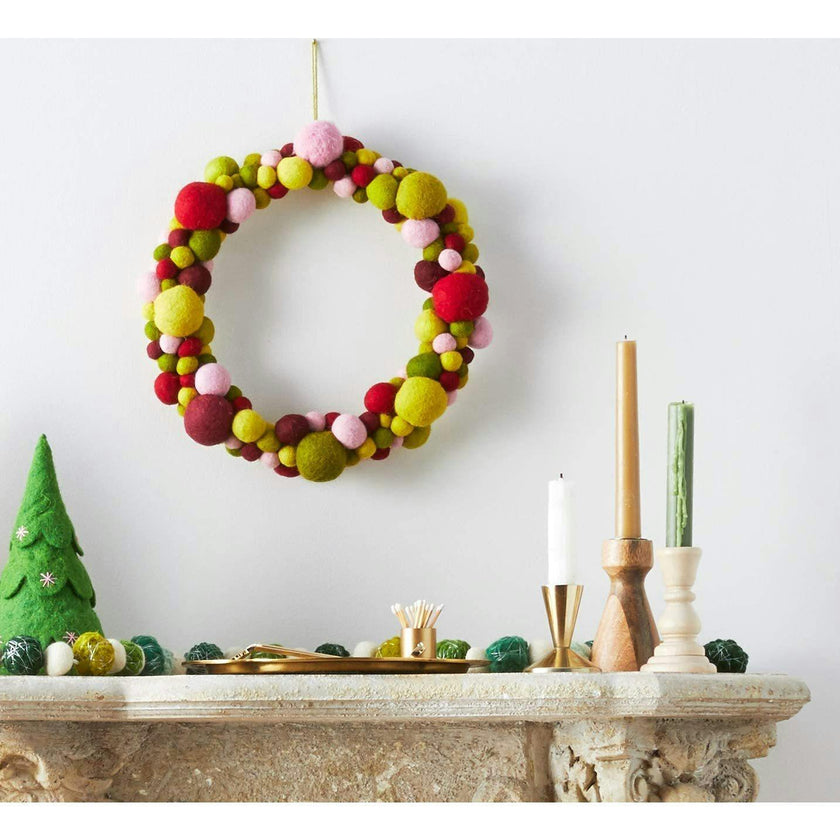 Handmade Hand Felted Wool Wreath - Multicolor Ball - 14"
