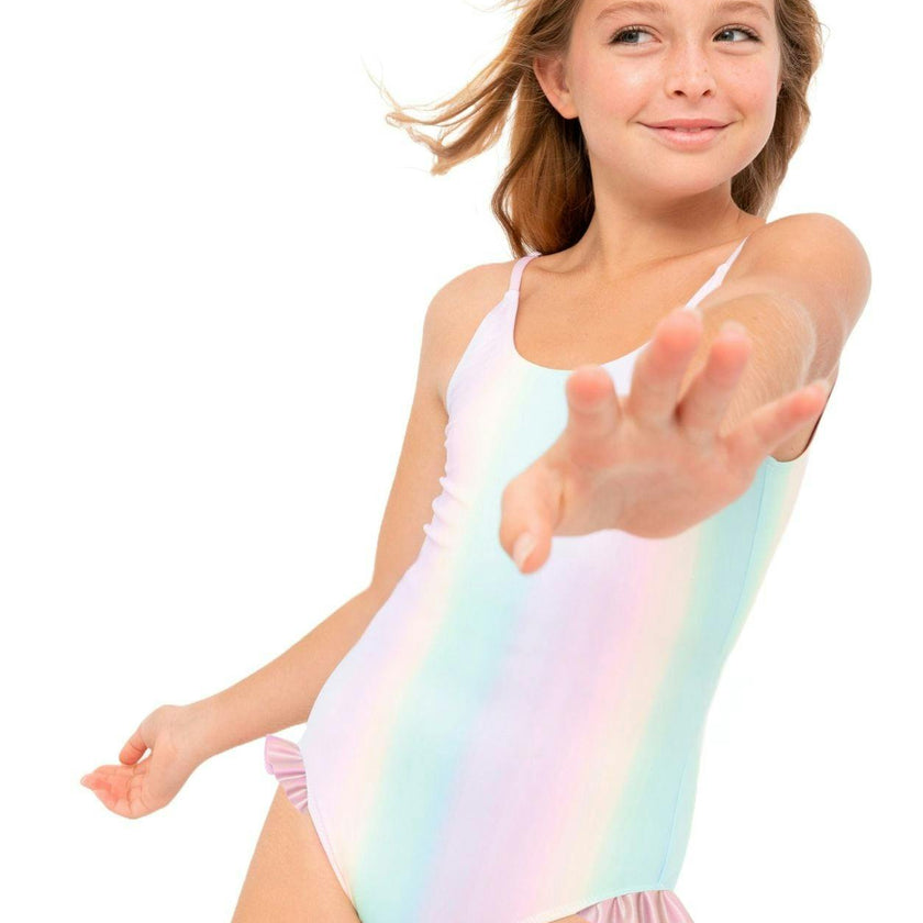 Rainbow Swimsuit with Pink Metallic Ruffles