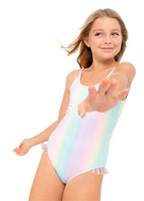 Rainbow Swimsuit with Pink Metallic Ruffles