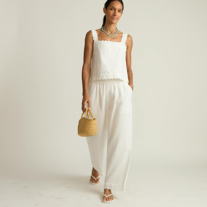 women's white scalloped linen beach pant