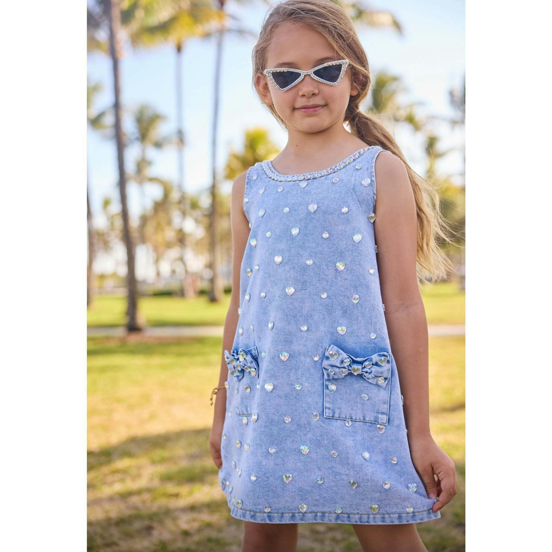 Crystal Heart Denim Bow Dress