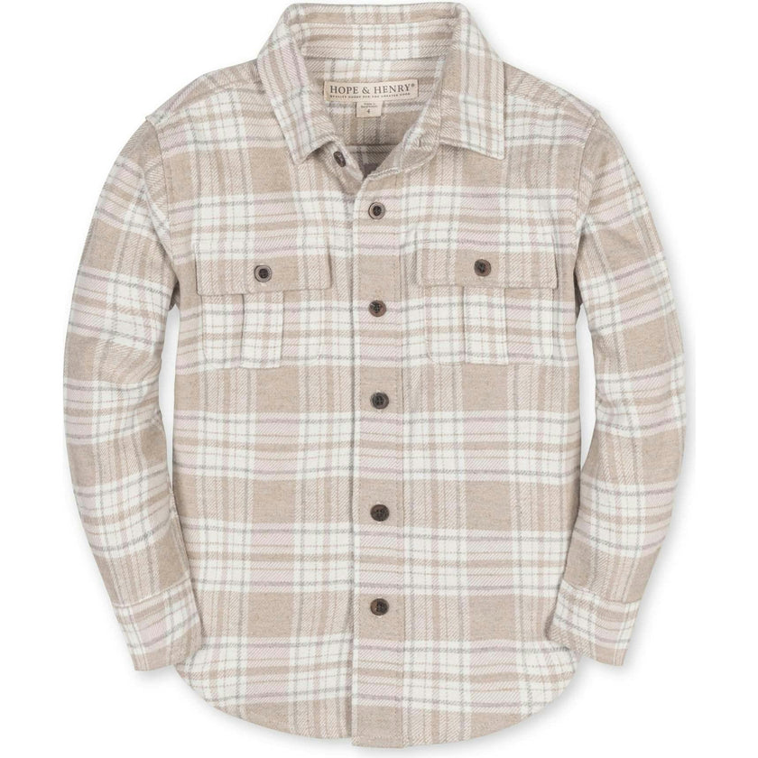 Boy's Organic Long Sleeve Flannel Shirt with Double Flap Pockets, Beige