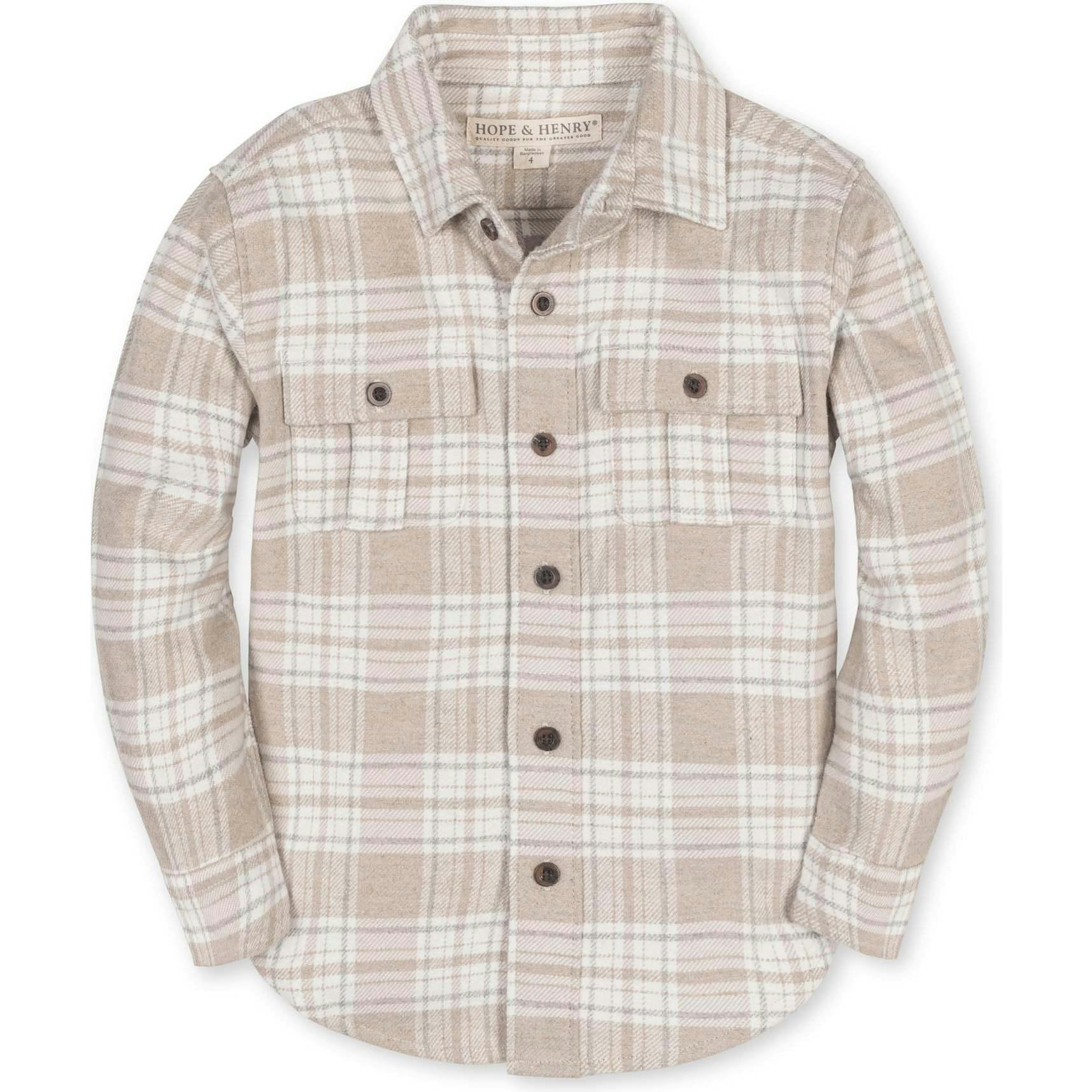 Boy's Organic Long Sleeve Flannel Shirt with Double Flap Pockets, Beige