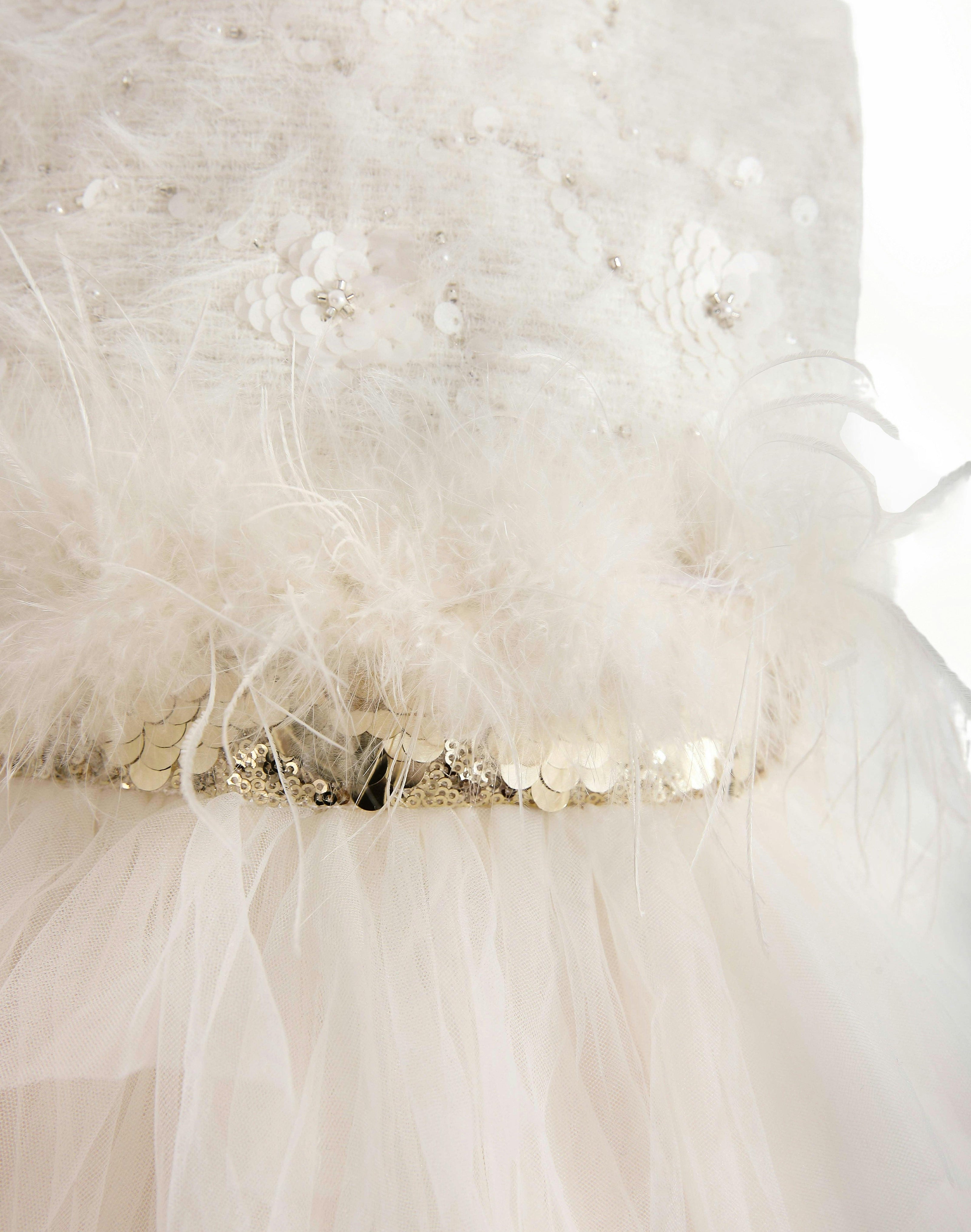 Ivory Feathered Tulle Party Dress