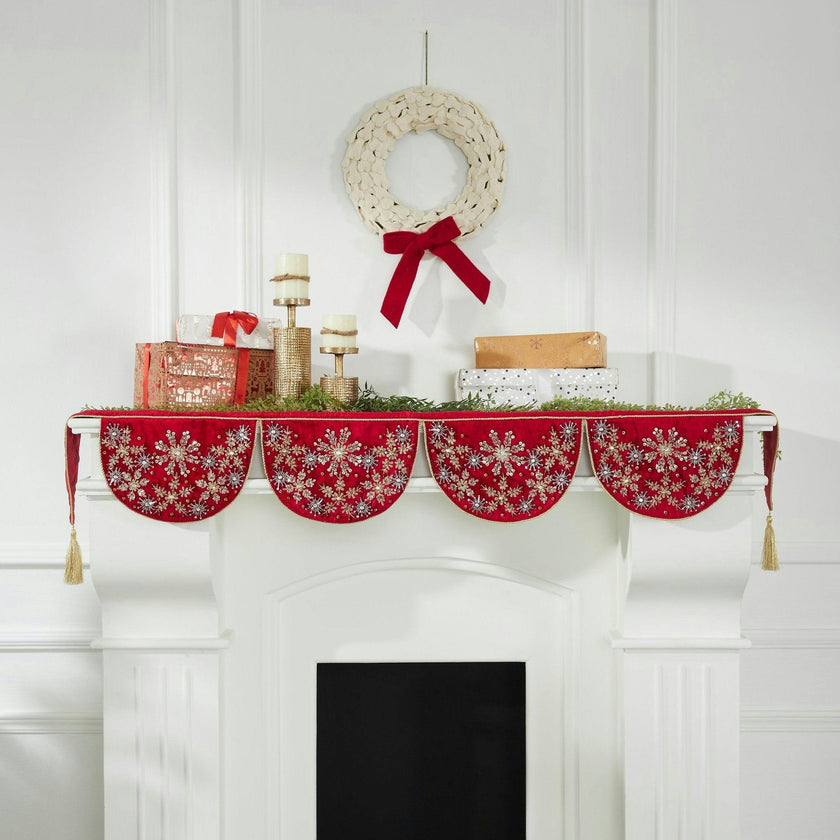 Red Velvet Mantel Scarf Hand Beading and Crewel Embroidery - 72"