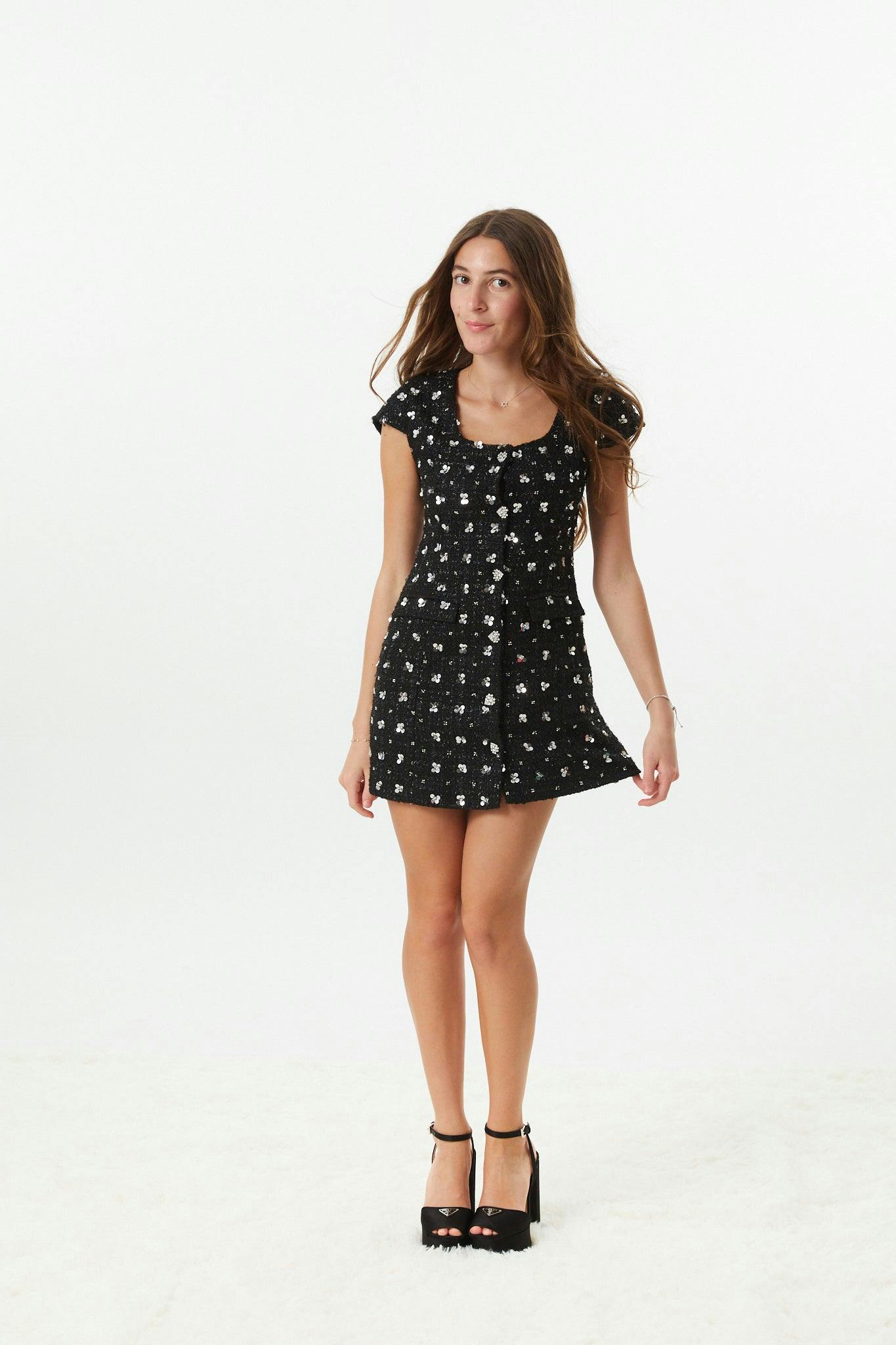 Zoe Black Dress With Silver Flowers Sequin Boucle Cap Sleeve