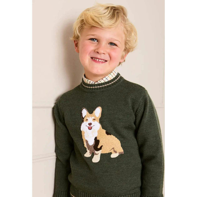 Corgi Embroidered Button Detail Jumper in Green (18mths-10yrs)