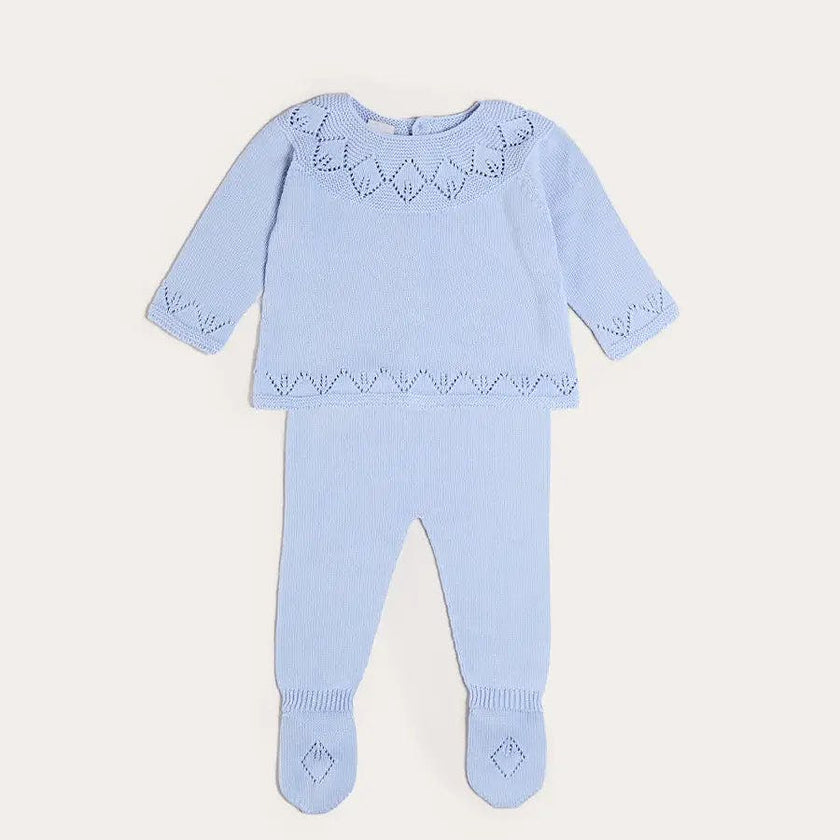 Diamond Openwork Three Piece Knitted Set in Light Blue (1-9mths)