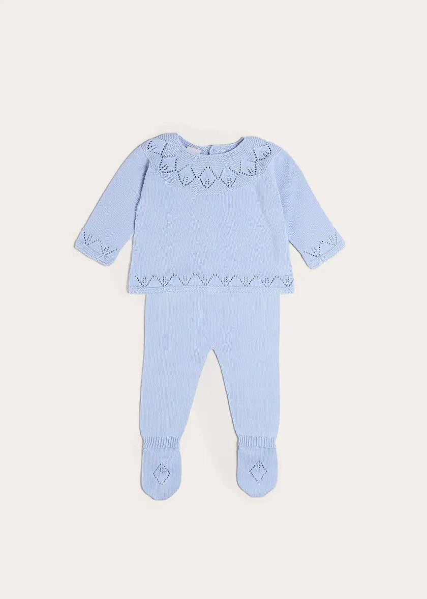 Diamond Openwork Three Piece Knitted Set in Light Blue (1-9mths)
