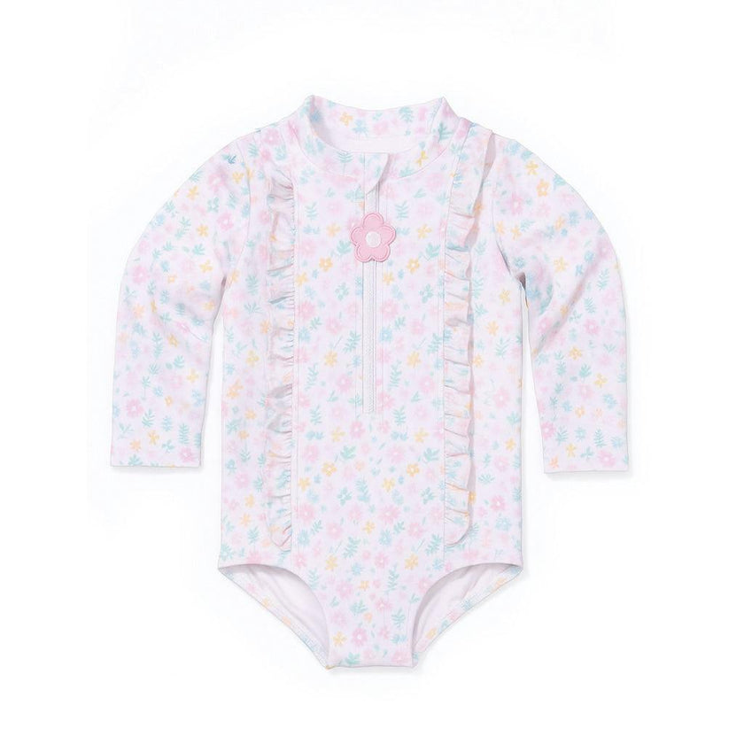 Floral Print One Piece Rashguard With Ruffles