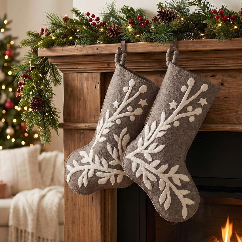 Hand Felted Wool Christmas Stocking, Stars and Branch Gray