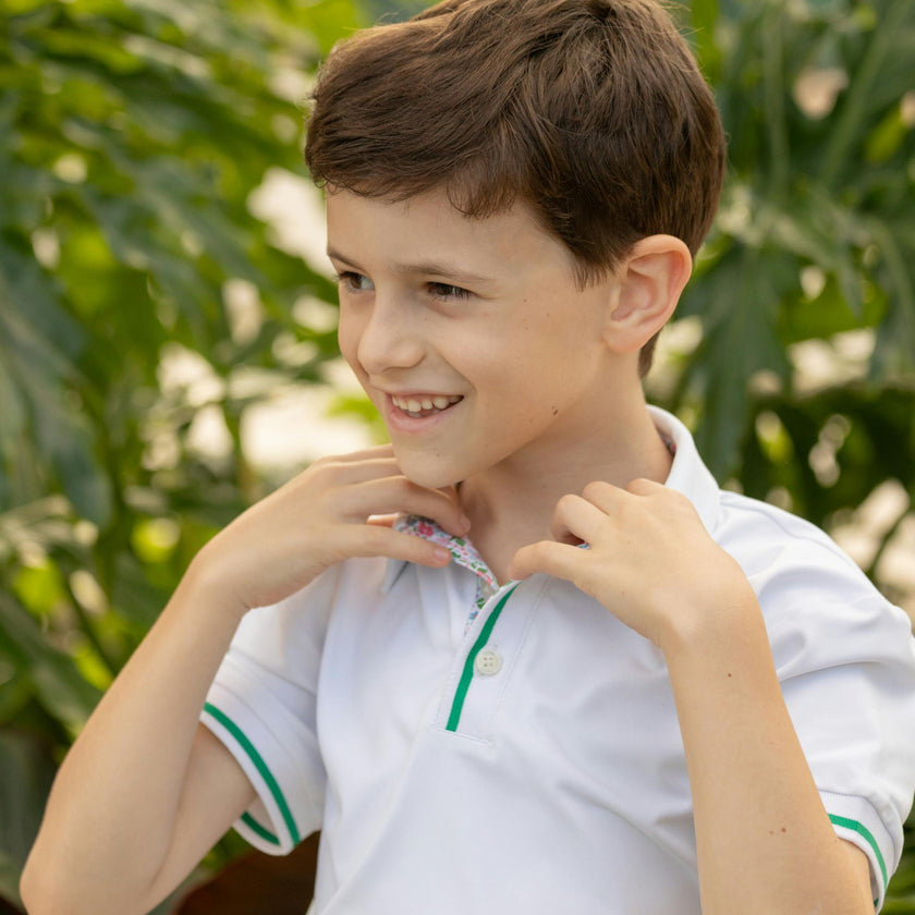 Henley Polo in Classic White with Midspring Floral Trim