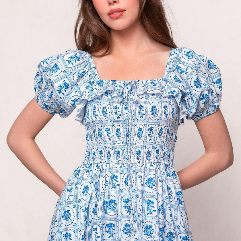 Mae Dress in Blue Floral Stamp