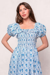 Mae Dress in Blue Floral Stamp