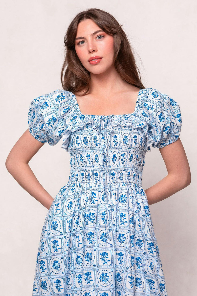 Mae Dress in Blue Floral Stamp