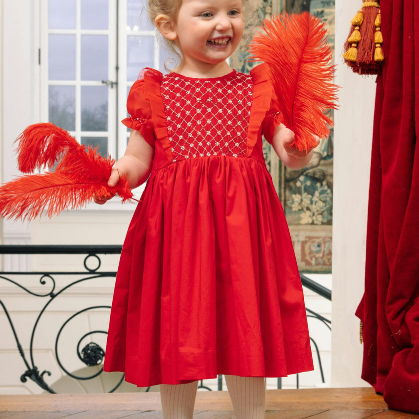 Camelia Red Cotton Smocked Dress