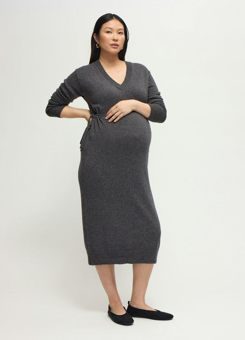 The Soft V-Neck Side Tie Sweater Grey Midi Maternity Dress