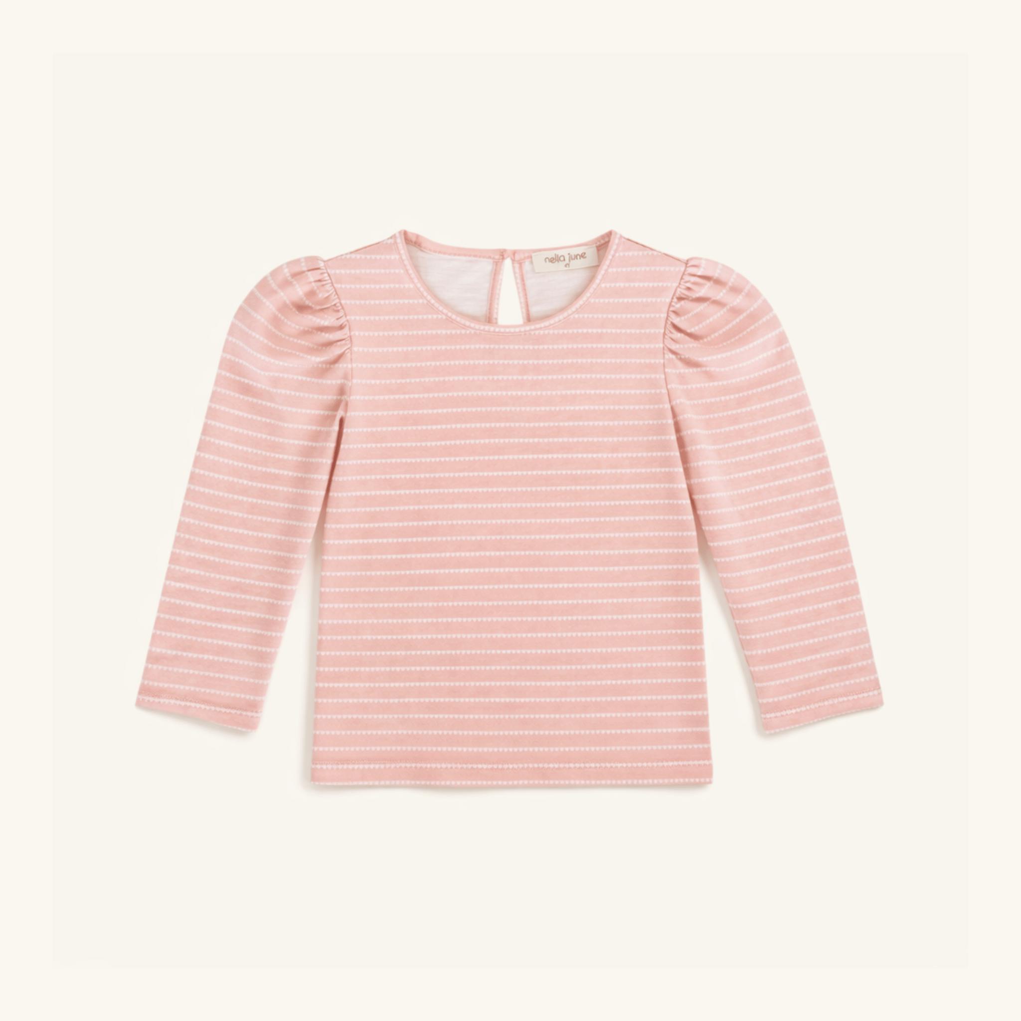Long Sleeve Puff Sleeve Tee in Pink & White Heart Stripe