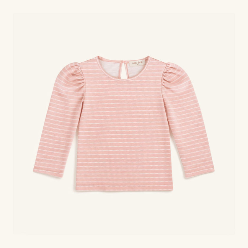 Long Sleeve Puff Sleeve Tee in Pink & White Heart Stripe