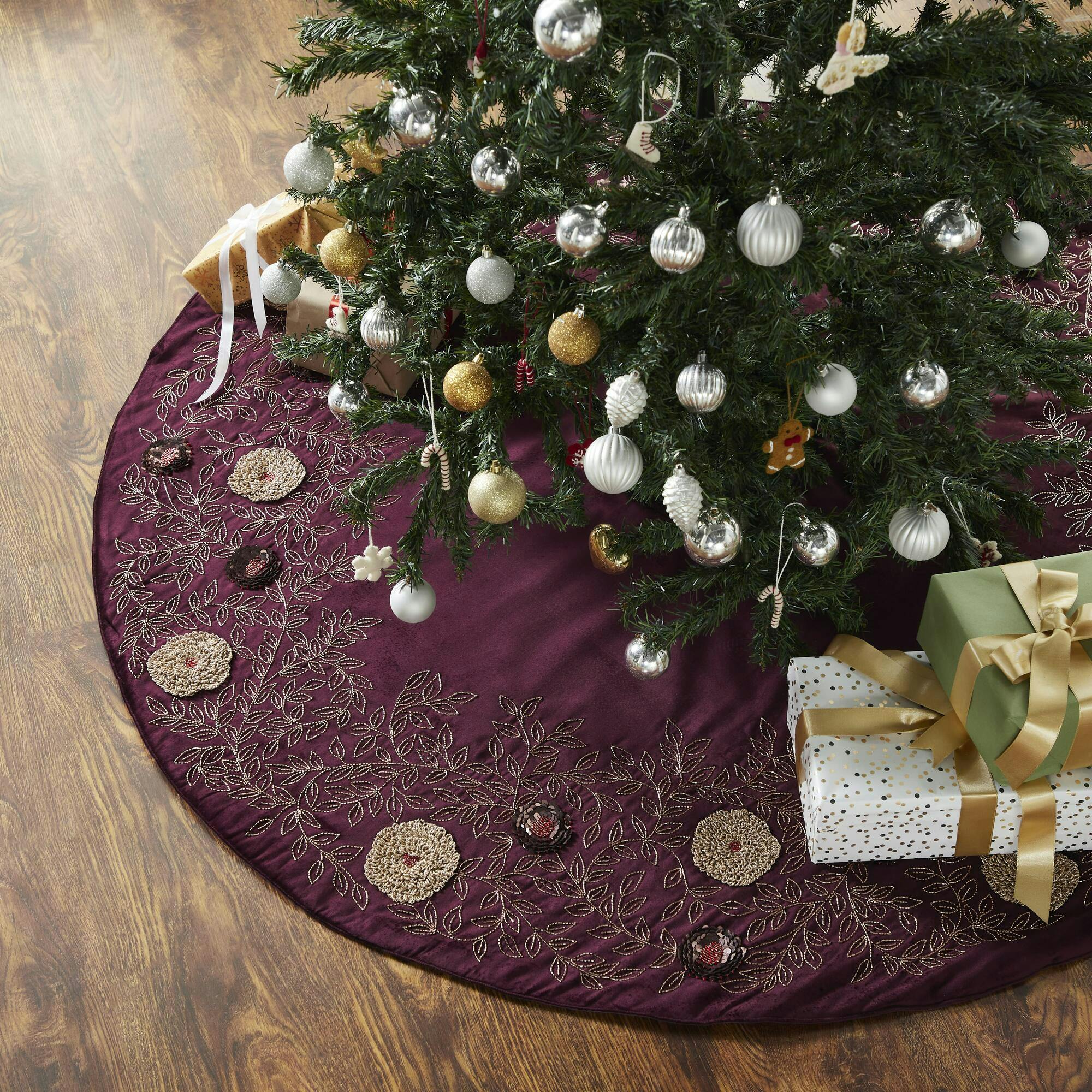 Hand Beaded Floral Christmas Tree Skirt on Wine Velvet - 60
