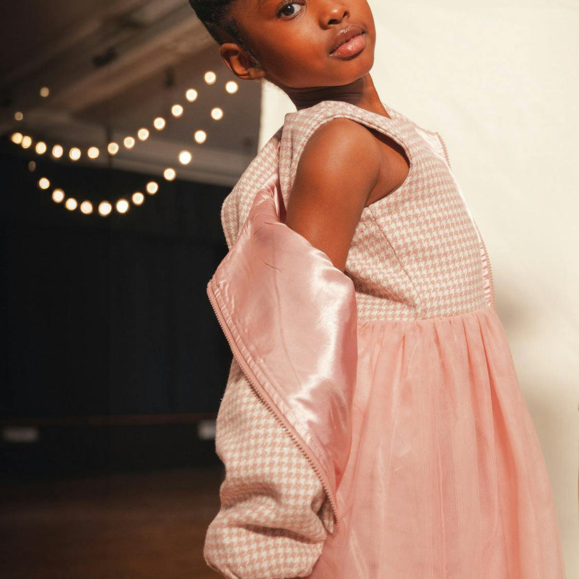 Bi-Material Sleeveless Dress Pink Houndstooth