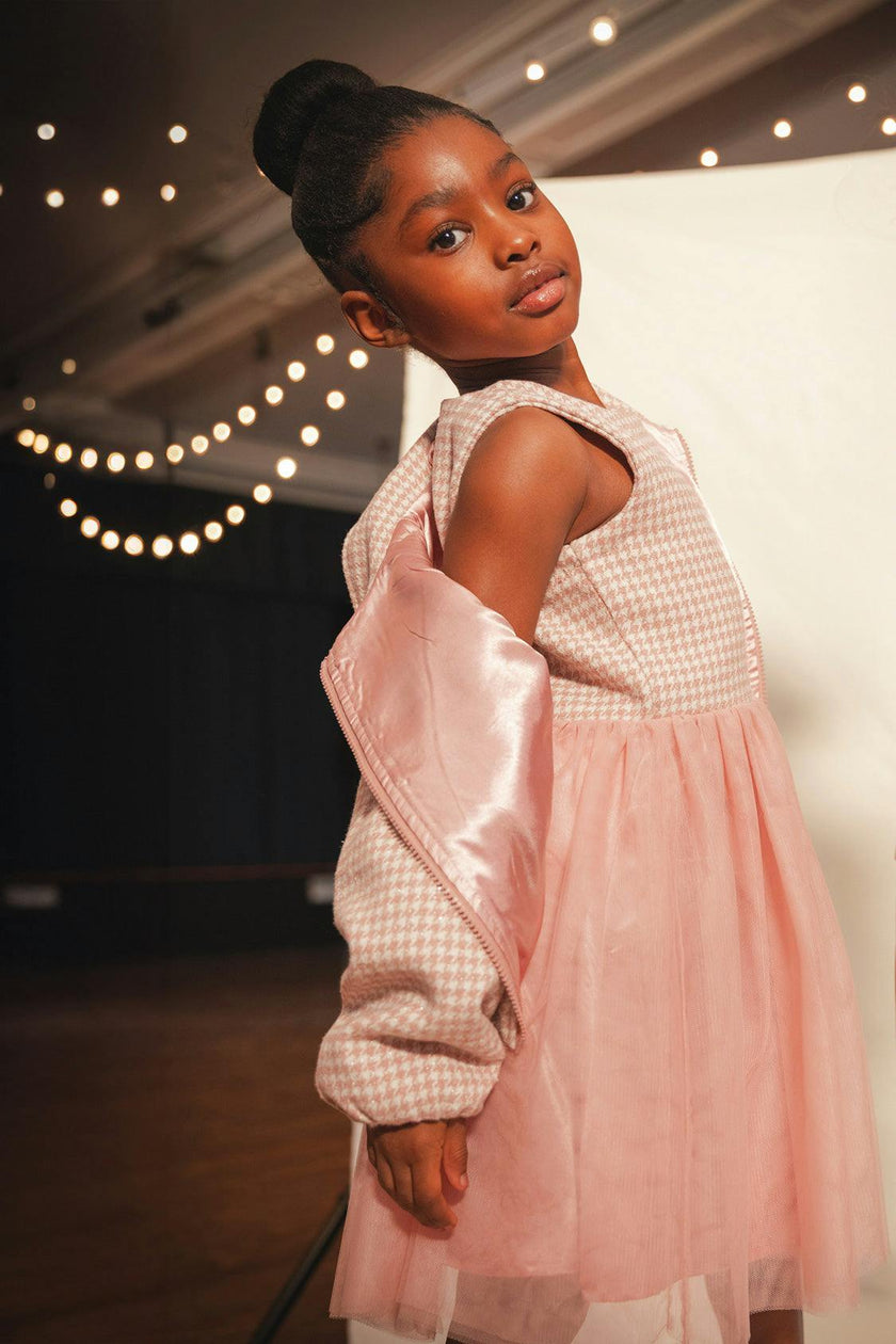 Bi-Material Sleeveless Dress Pink Houndstooth