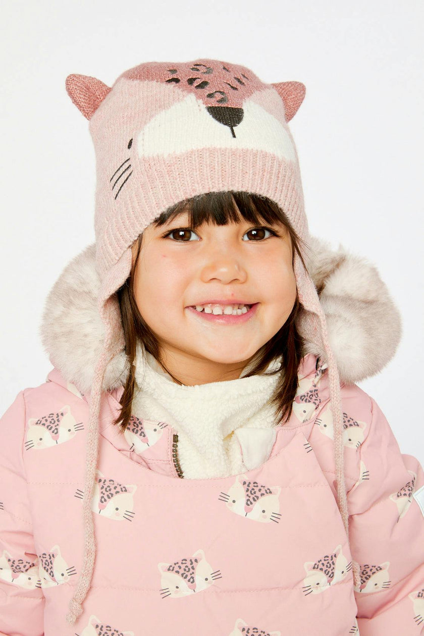 Baby Leopard Winter Knit Hat With Ear Flaps And Ears Pale Dusty Pink