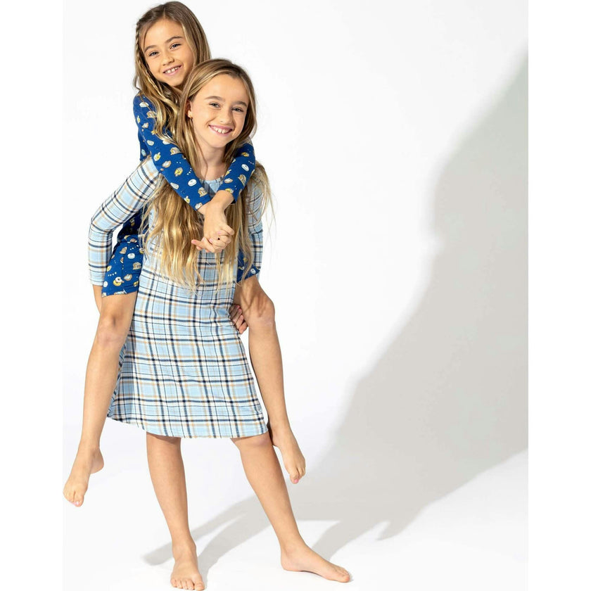 Holiday Plaid Blue Bamboo Girls' Long Sleeve Dress