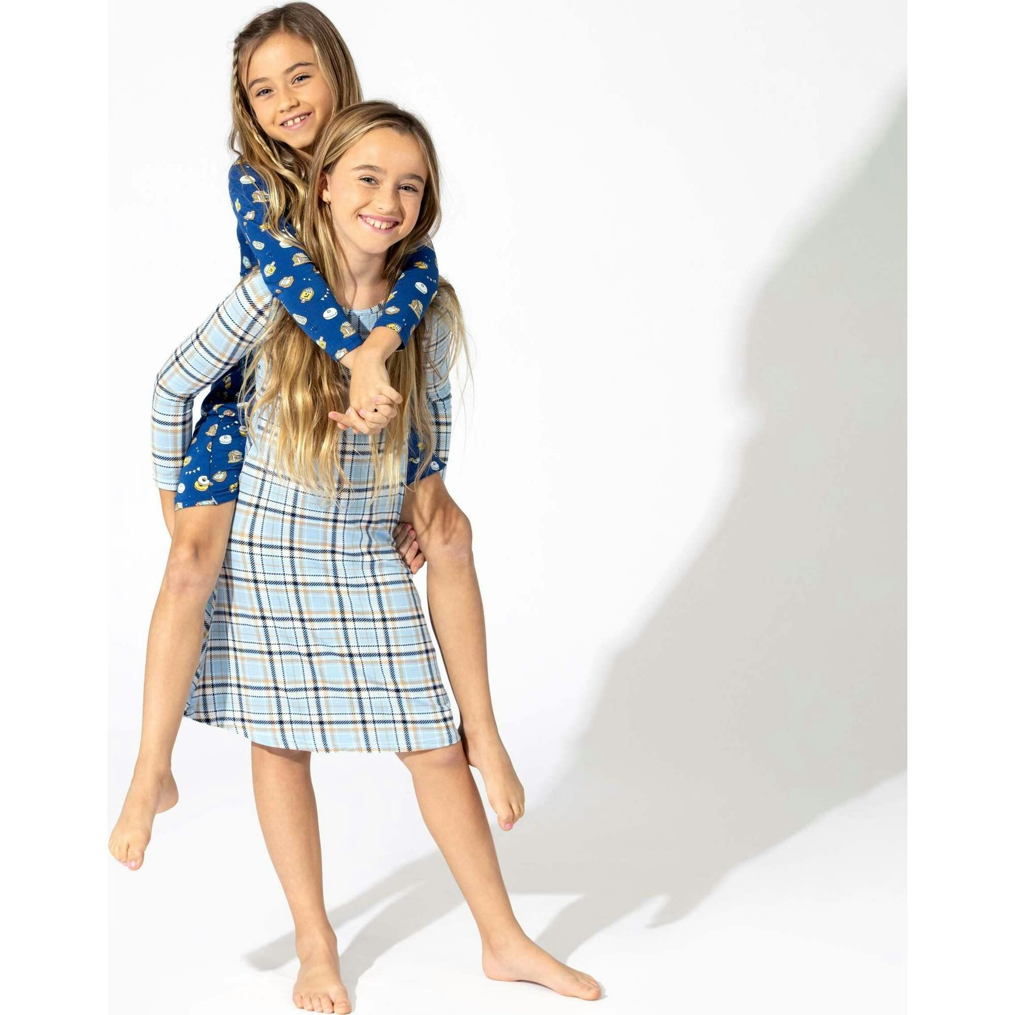 Holiday Plaid Blue Bamboo Girls' Long Sleeve Dress