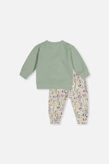 Organic Cotton Pants And Top Set Green And Beige Heart Print
