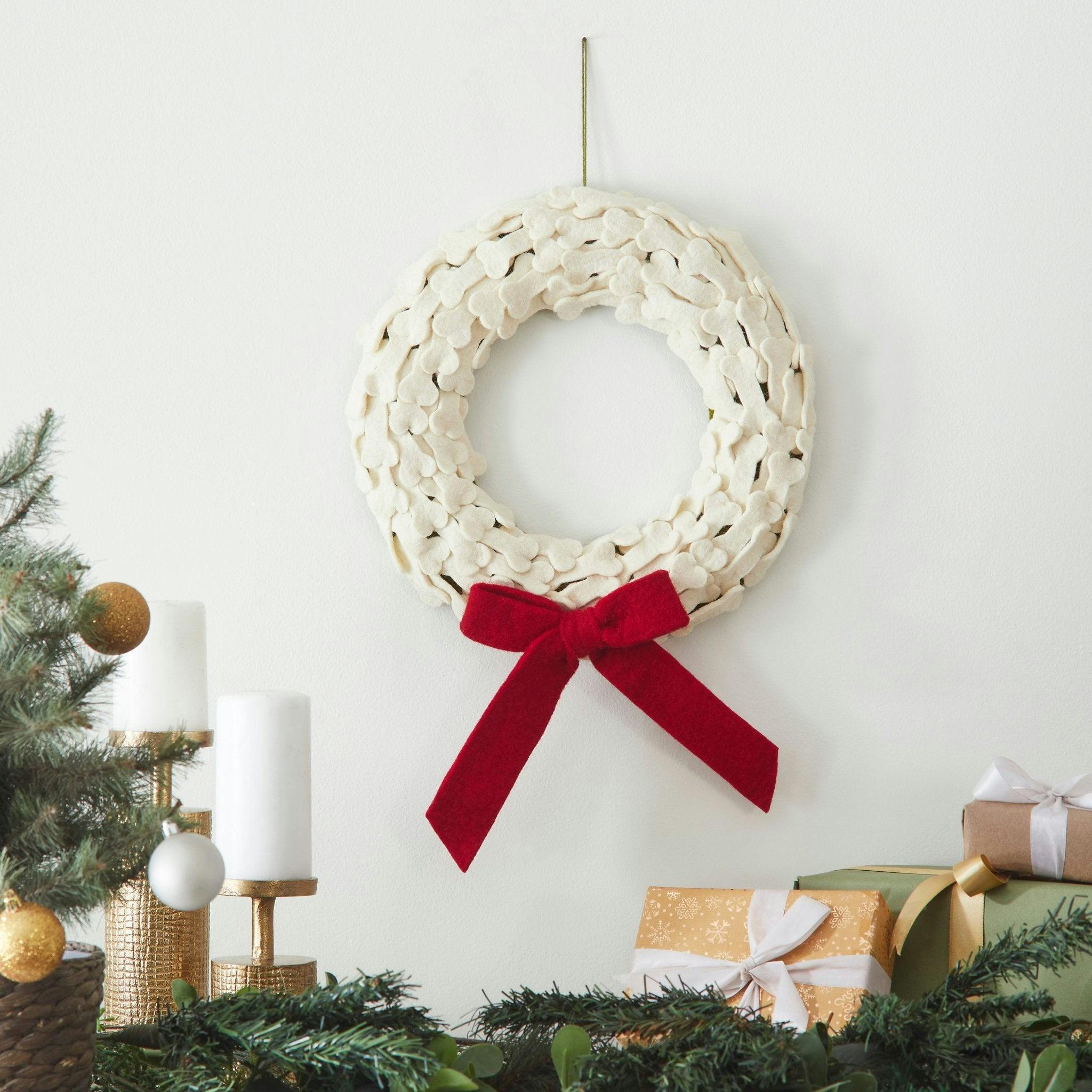Dog Bones Red Bow Handmade Hand Felted Wool Wreath - 14