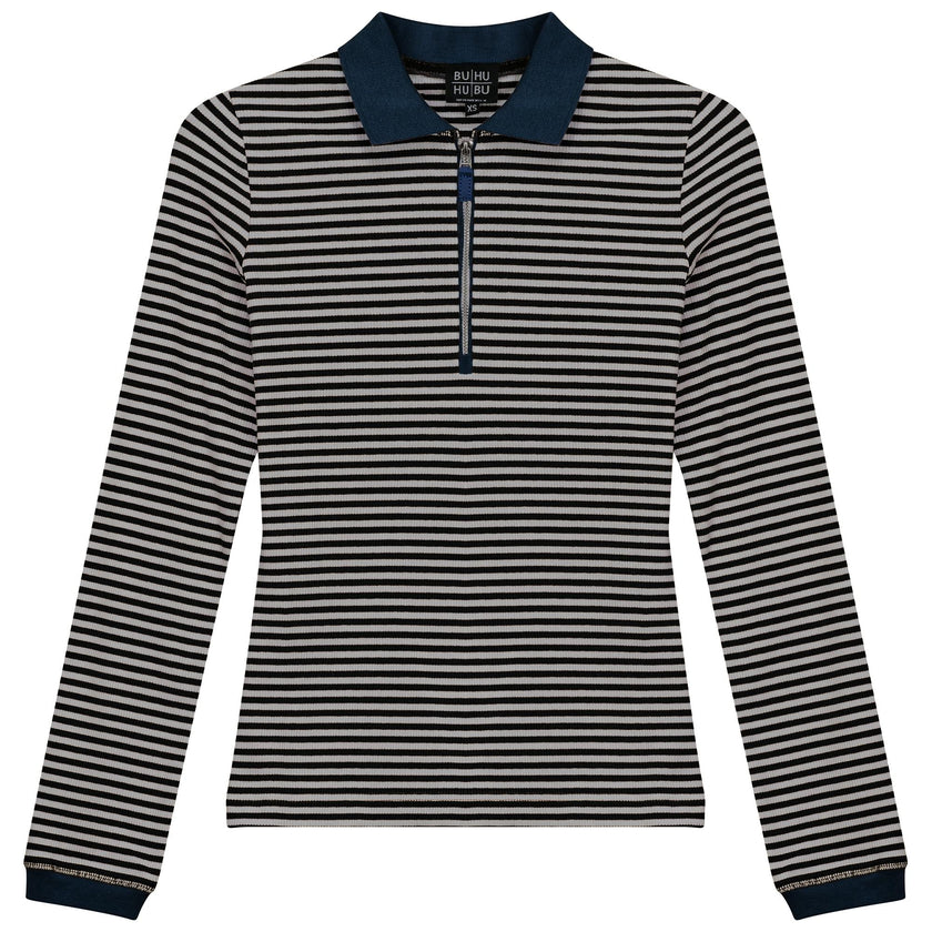 Stripped Ribbed Zipper Henley Tee