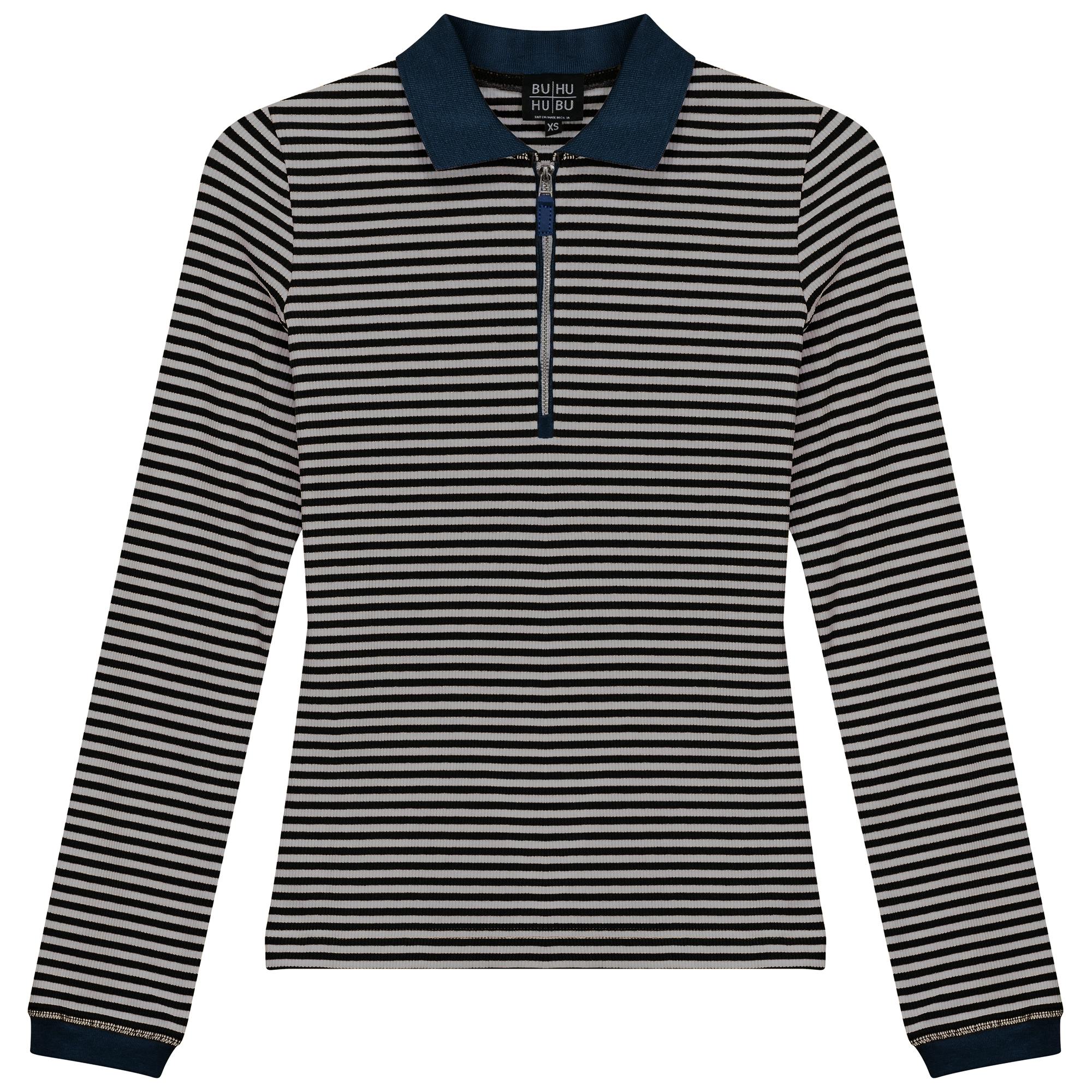 Stripped Ribbed Zipper Henley Tee