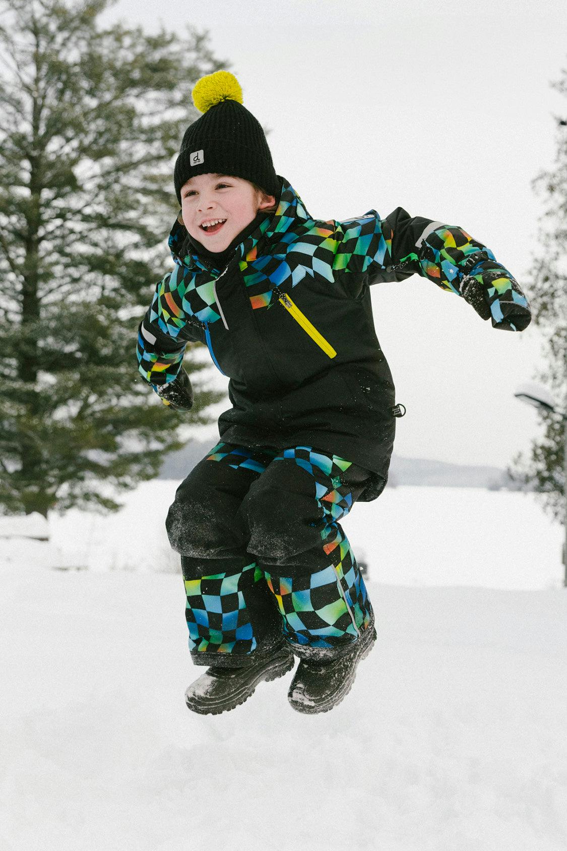 Two Piece Play Snowsuit Black Colorblock With Green Yellow And Blue Checkerboard Pants