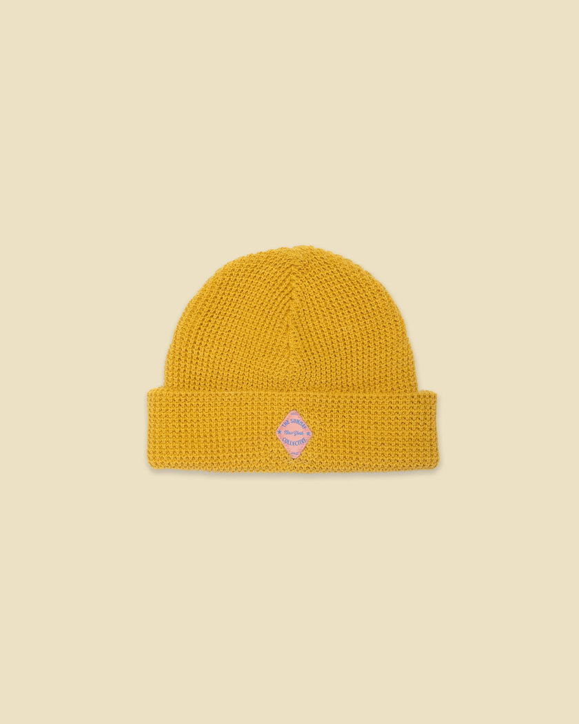 Organic Waffle Knit Beanie in Brass Yellow