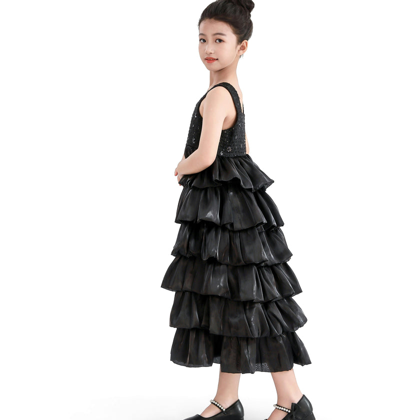 Black Ruffle Tiered Gala Dress