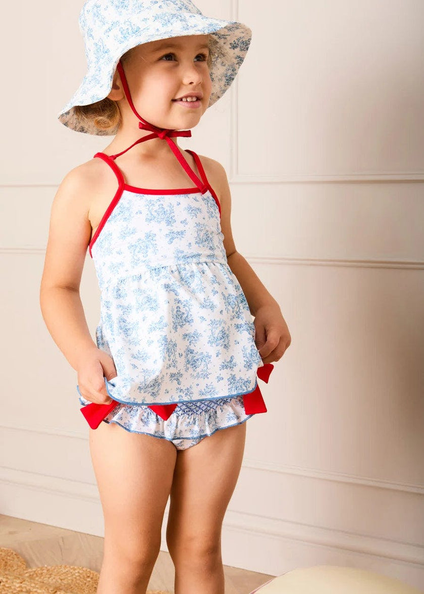 Audrey Toile Bow Detail Smocked Two Piece Swimsuit in Blue (12mths- 10yrs)