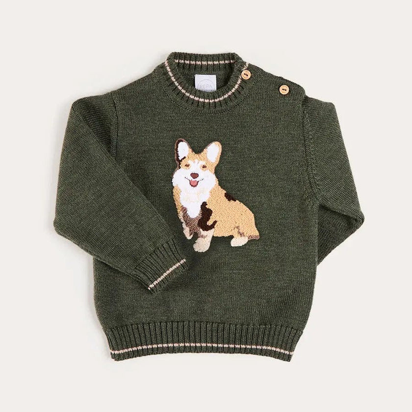 Corgi Embroidered Button Detail Jumper in Green (18mths-10yrs)