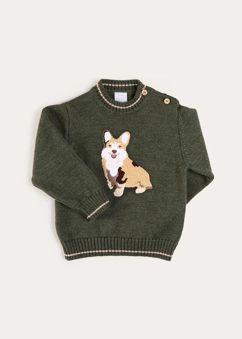 Corgi Embroidered Button Detail Jumper in Green (18mths-10yrs)