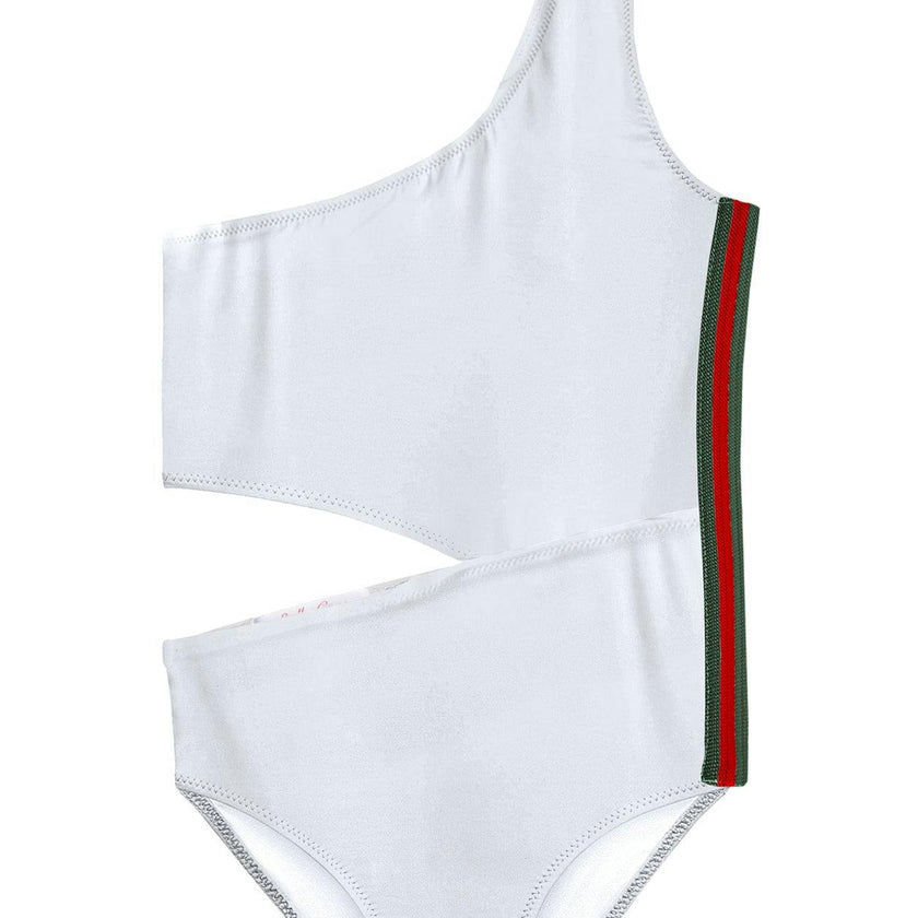 Side-Cut Side-Stripe One Shoulder Sleeveless Swimsuit