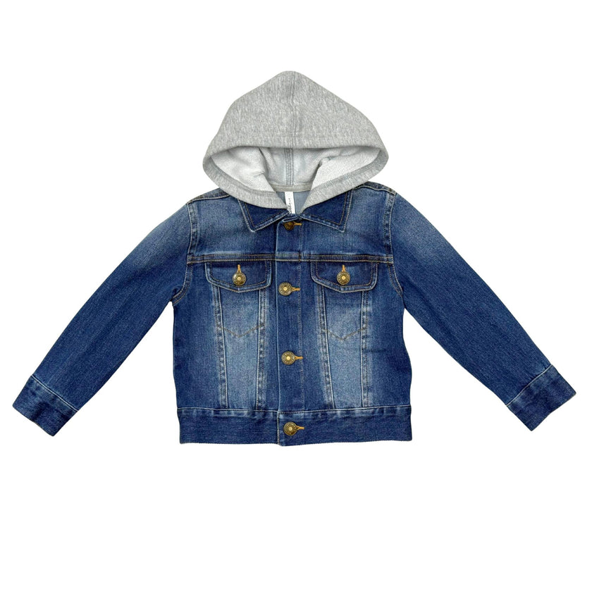 Boys Hooded Denim Jacket in Dark Blue Wash