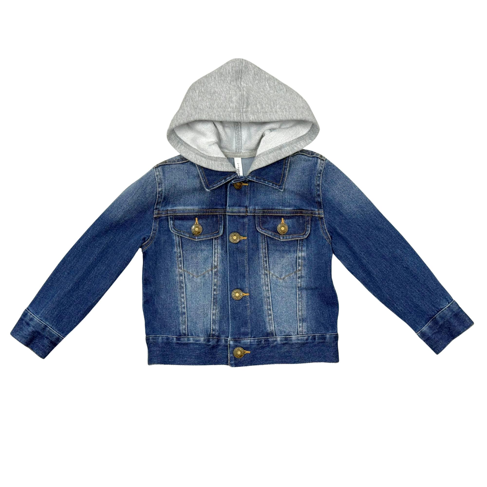 Boys Hooded Denim Jacket in Dark Blue Wash