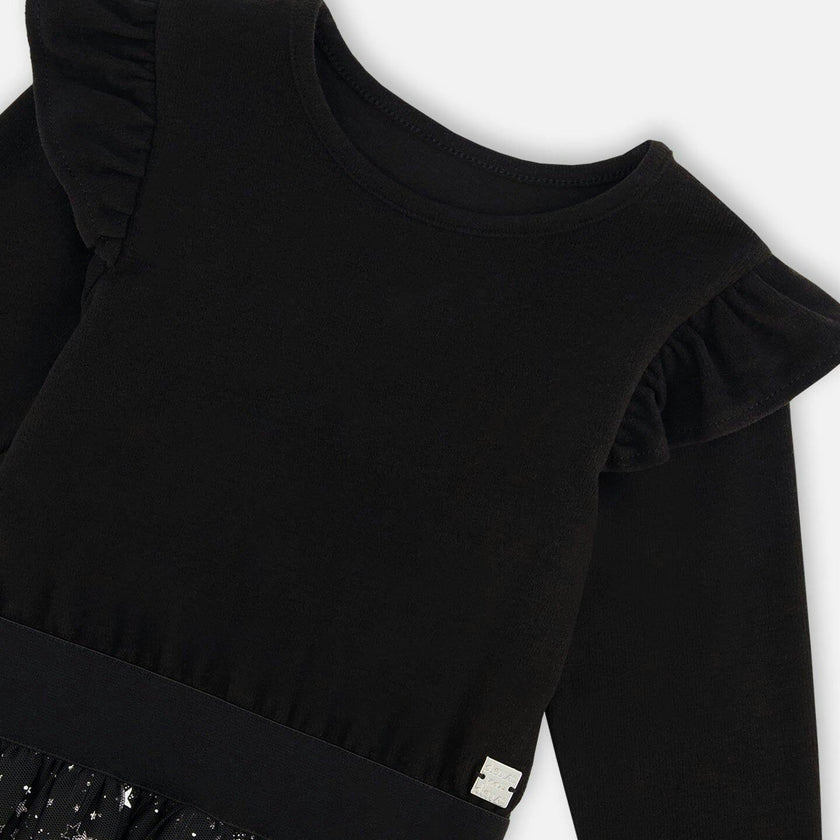 Long Sleeve Dress With Glittering Tulle Skirt Black
