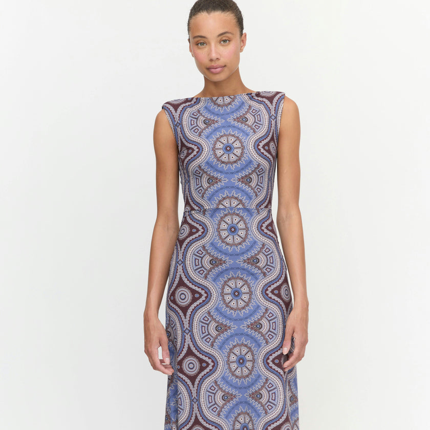 The Sloane Dress - Brown Cobalt Medallion