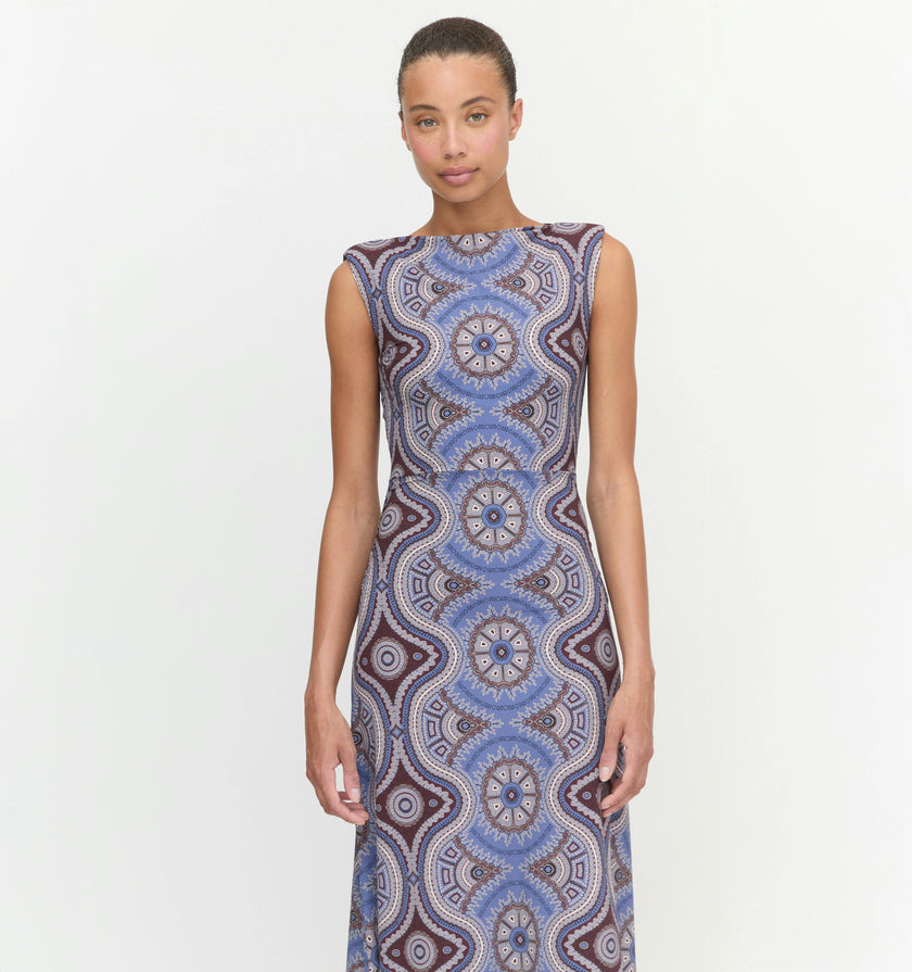 The Sloane Dress - Brown Cobalt Medallion